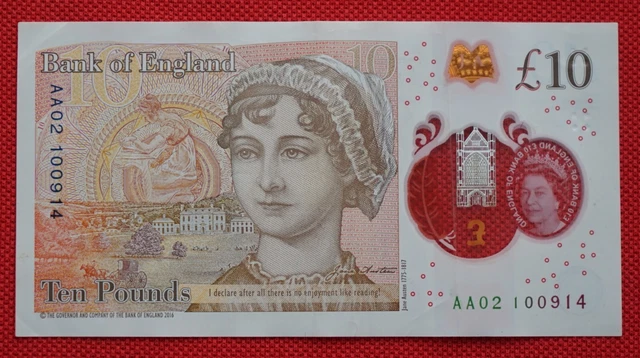 RARE JANE AUSTEN Polymer Ten Pound Note AA 02 Serial No. £10 £18.92